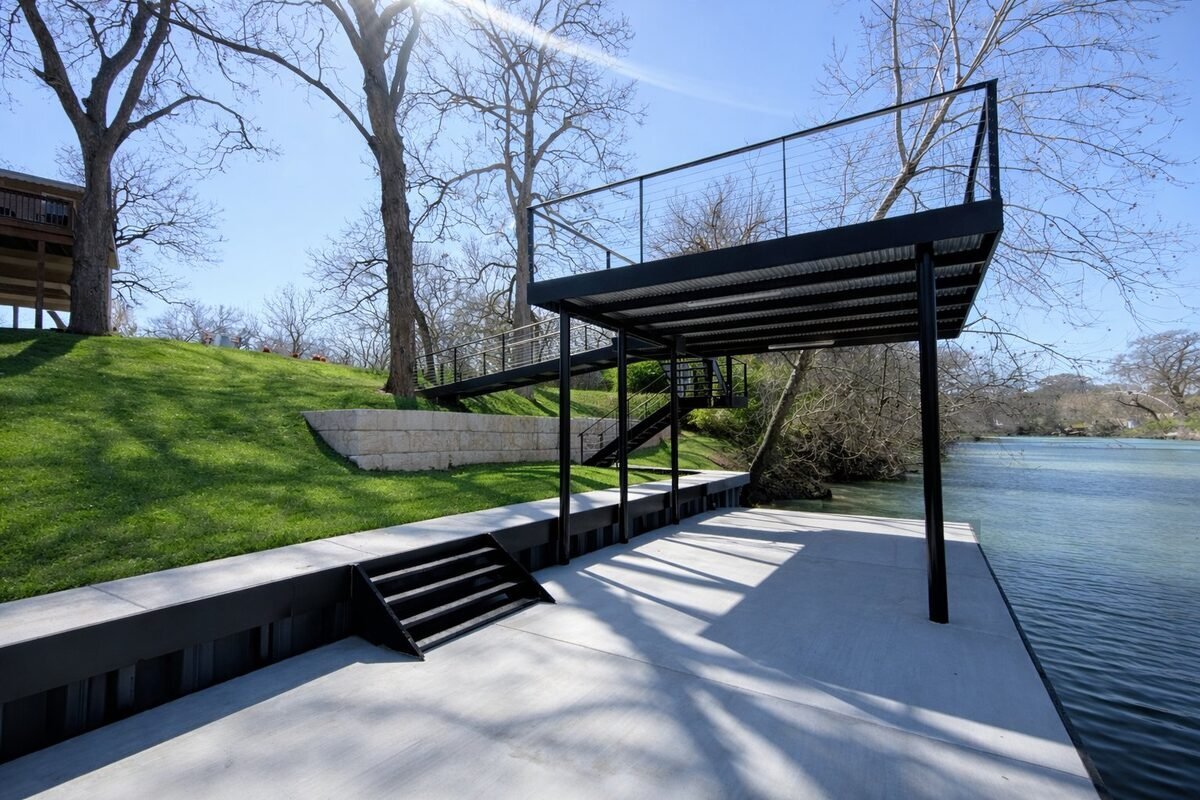 Elevated concrete deck on steel pipe pilings in the Texas Hill Country